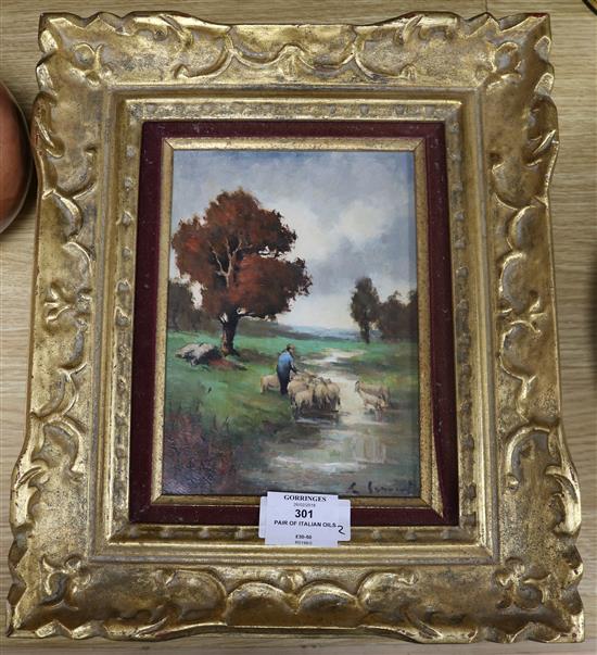 Italian School, pair of oils on canvas, landscapes in summer and winter 20 x 15cm